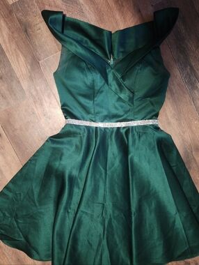 Emerald Green Satin Dress with Rhinestone Waist